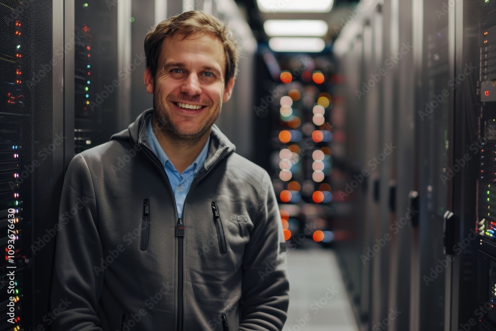 Poster a smiling professional posing in a data center, surrounded by multiple server racks and advanced tec