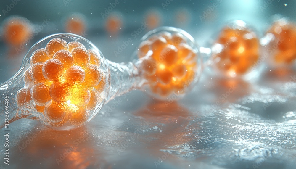 Poster a close-up view of glowing orange cells connected by thin filaments