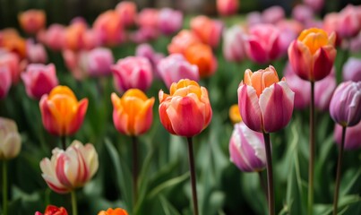 Fototapeta premium A field of multicolored tulips blooming in springtime