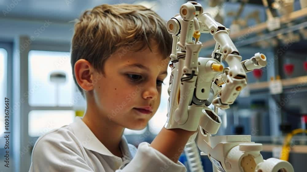 Leinwandbilder in a technology lab, a curious young boy examines a robotic arm, focused on its intricate design and