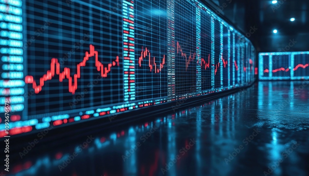 Aufkleber A Row of Digital Displays Showing Stock Market Data with Red Line Graphs
