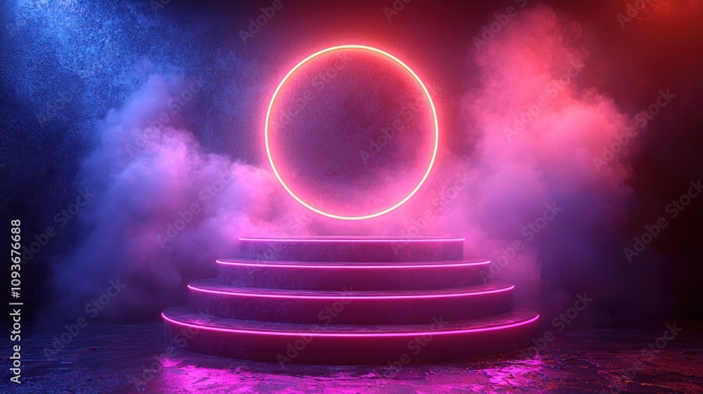 Poster Glowing Neon Ring Above a Circular Platform with Steps in a Smoky Setting