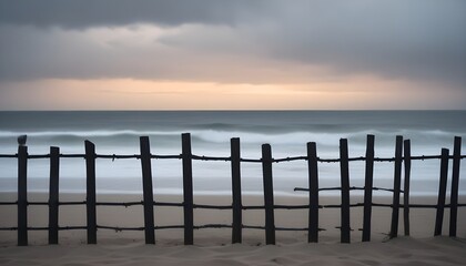 Fototapeta premium a fence is in front of the ocean at sunset