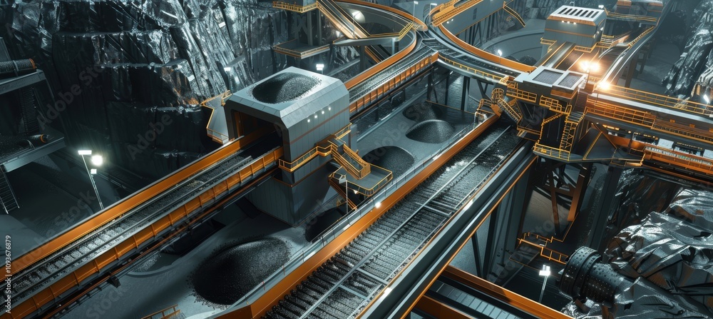 Poster high-tech automated ore sorting facility showcasing modern mining technology