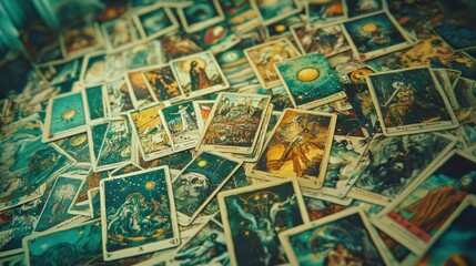 Tarot cards scattered on a table