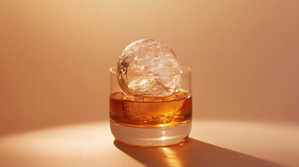 A glass of single malt scotch whiskey served with a single large ice sphere.