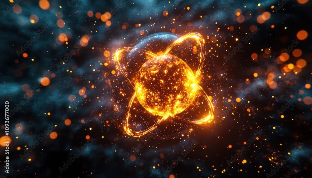 Poster glowing orb with intersecting rings and scattered sparks
