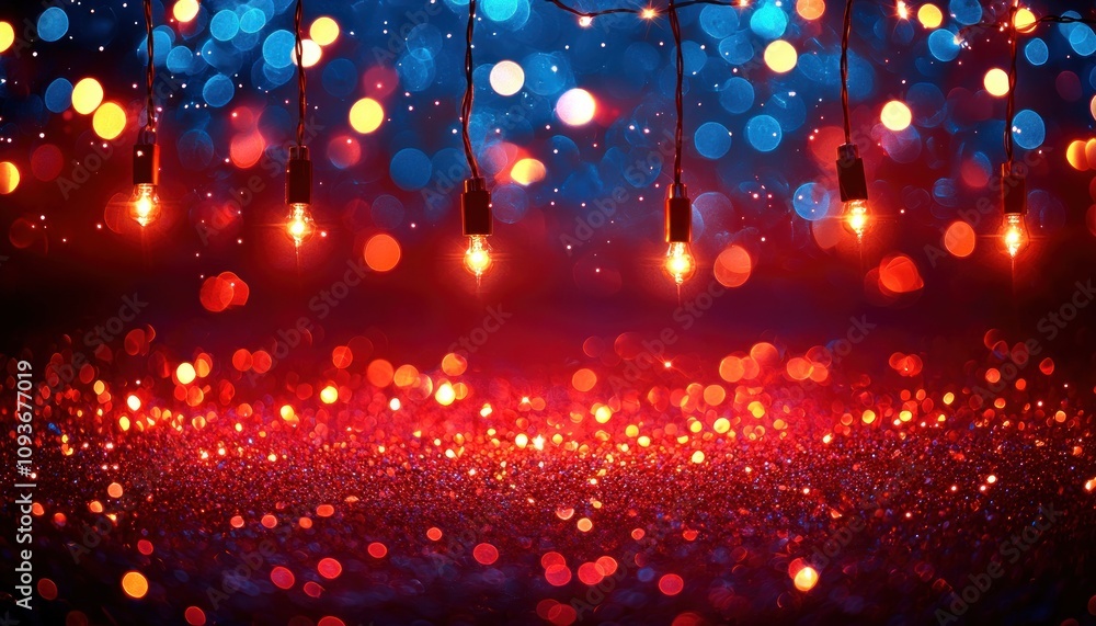 Poster glowing string lights with red and blue bokeh over glitter