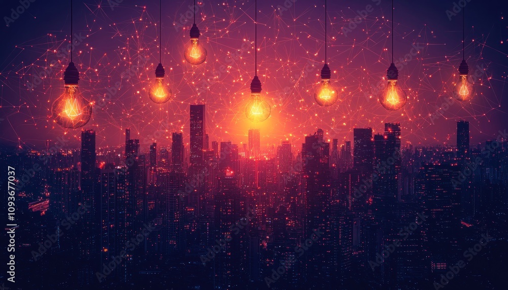Aufkleber illuminated cityscape with glowing lightbulbs and connected network