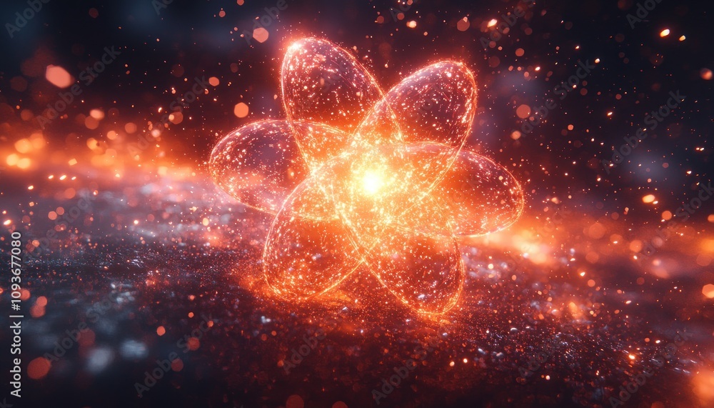 Poster glowing atomic structure on a sparkly surface