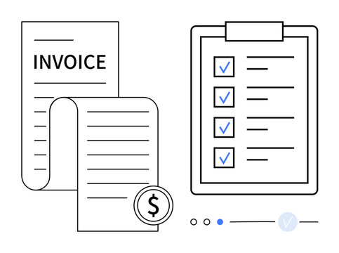 Business invoice document with dollar sign and checklist clipboard. Ideal for finance tracking, payment processing, to-do lists, task management, accounting, billing systems, and office productivity