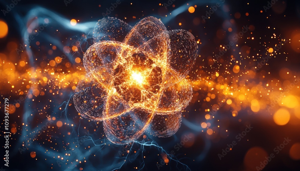 Poster Glowing Atomic Structure with Abstract Light Streaks and Particles