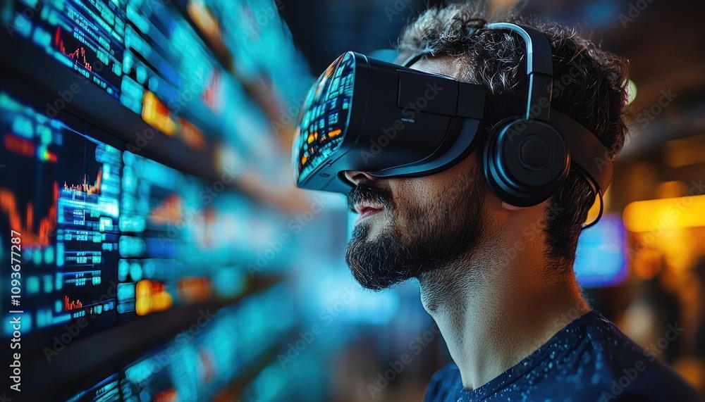 Aufkleber Man with VR Headset Experiencing Digital Data Visualization