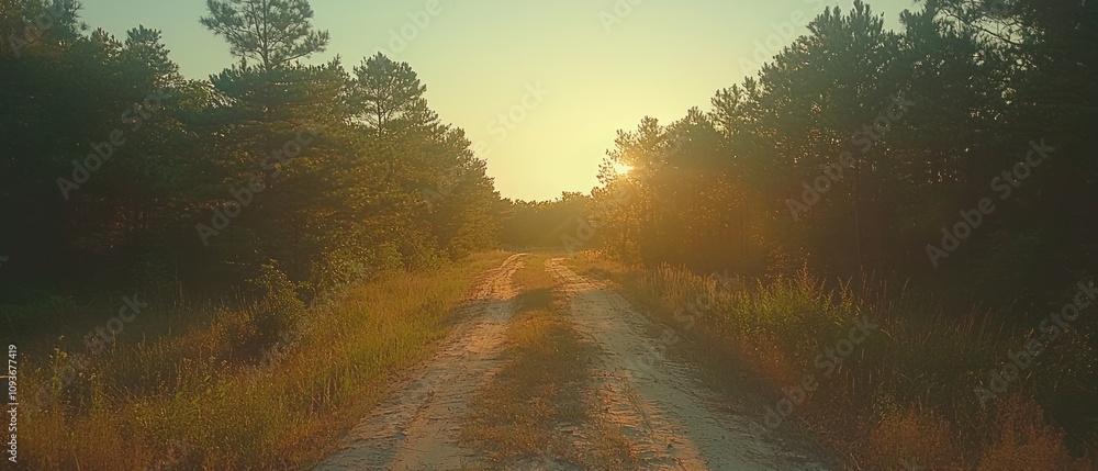 Poster sunlit path winding through a forest at sunset