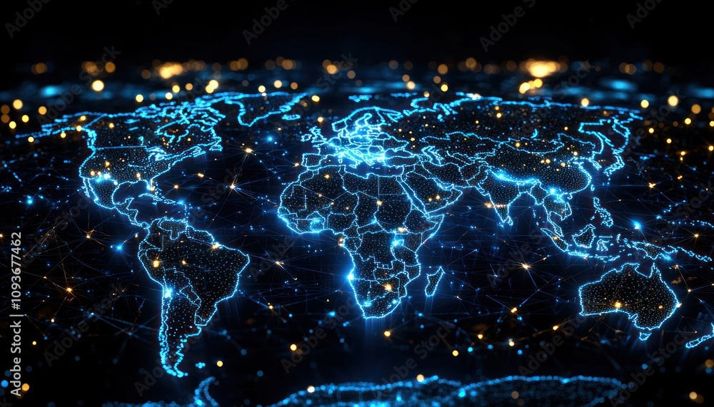 Poster Illuminated World Map with Interconnected Network Lines
