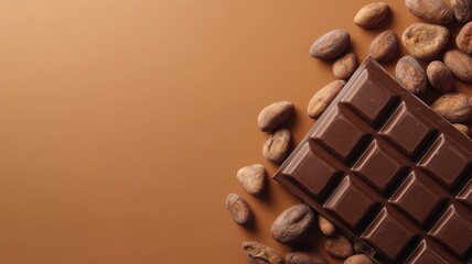 Dark chocolate bar with cocoa beans on brown surface