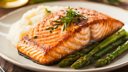 A gourmet dish of seared salmon on a bed of creamy mashed potatoes with vibrant green asparagus.