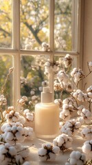 Obraz premium Cotton branches with beauty bottle.