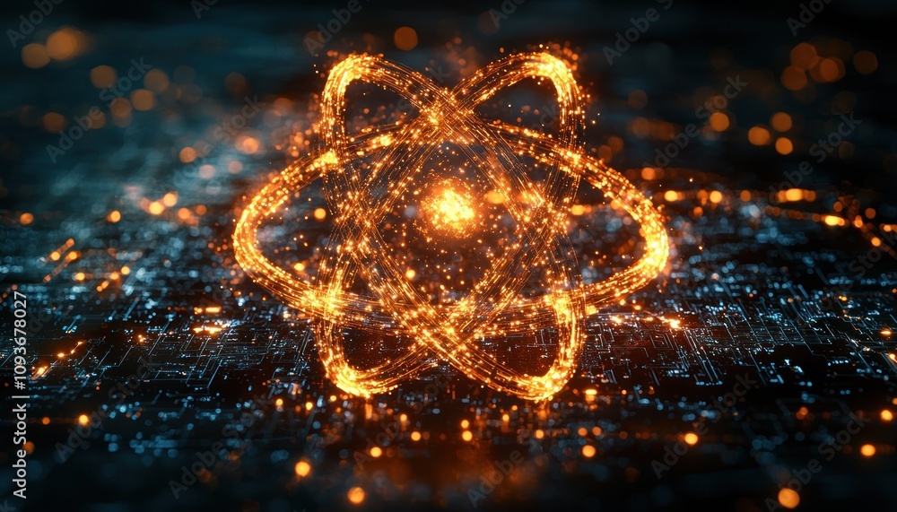 Poster glowing atomic symbol on a circuit board
