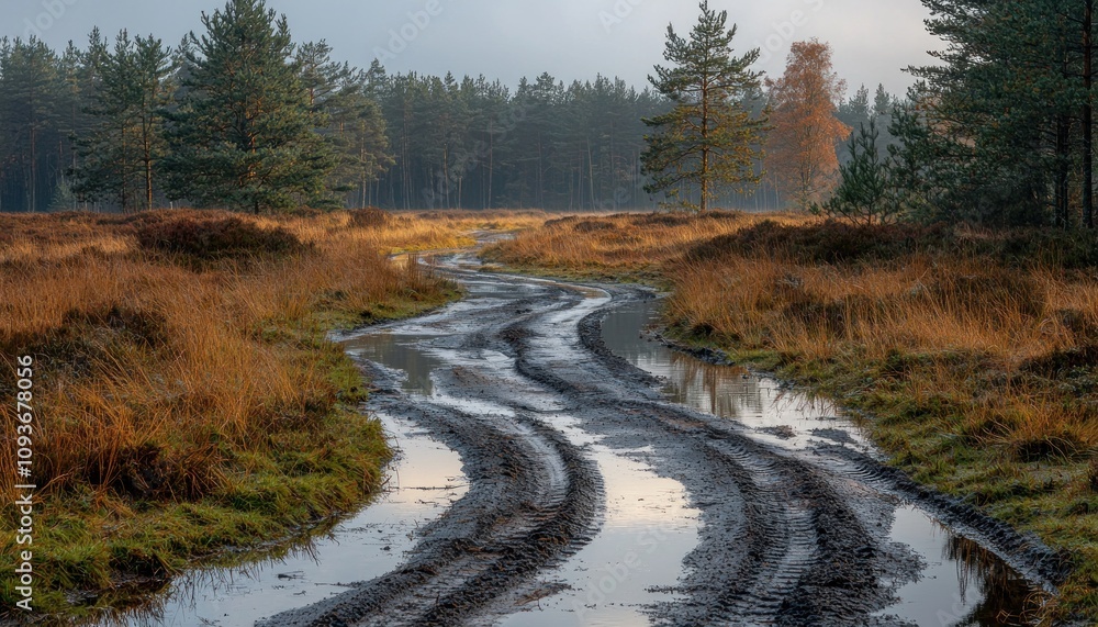 Poster a muddy path through a pine forest after rain