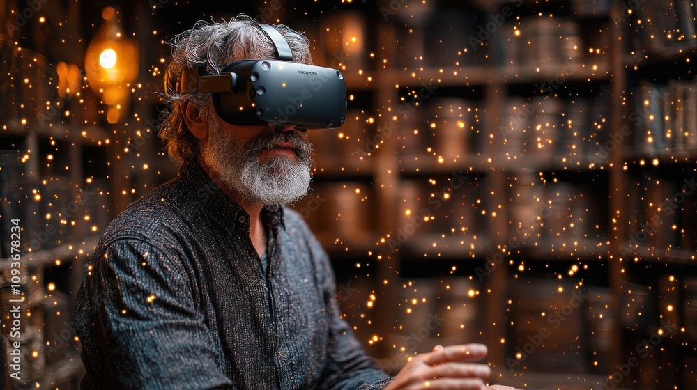 Aufkleber Man Experiencing Virtual Reality with a VR Headset in a Library Setting