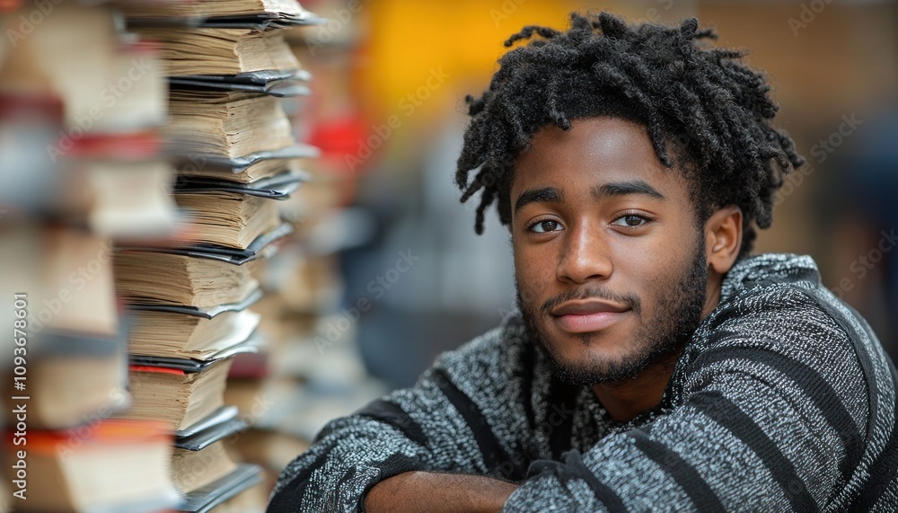 Poster close-up portrait of a young man with dreadlocks and a stack of books in the background