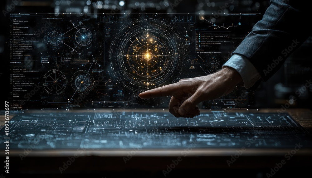 Aufkleber A Hand Interacting with a Holographic Interface Displaying Data and Charts