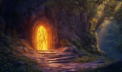 Fototapeta premium A mysterious cave entrance with glowing warm light inside