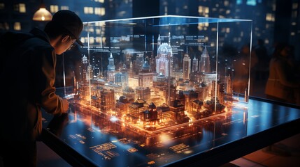 City building hologram screen, displaying advanced smart city technology