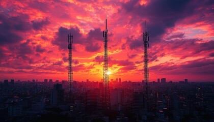 Three Silhouetted Communication Towers Against a Vibrant Sunset Sky Over a Cityscape