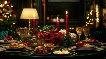 Festive Christmas Dinner Table with Red and Green Decor, Elegant Candles, and Holiday Foods
