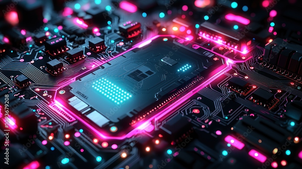 Poster A glowing computer processor chip with neon lights on a circuit board