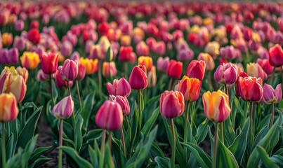 Obraz premium A field of multicolored tulips blooming in springtime