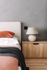 Modern bedroom with minimalist design featuring neutral tones and cozy elements