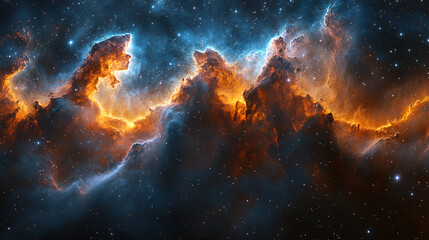 Fototapeta premium Cosmic clouds illuminated by fiery hues and starry backdrop in the deep universe. Generative AI