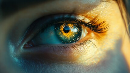 Close-up of a person's eye reflecting a miniature scene with vibrant colors and intricate details