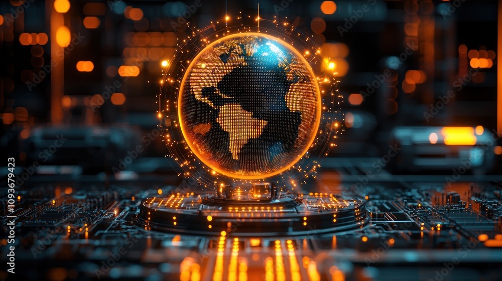Poster a glowing digital globe on a circuit board with orange lights.