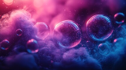 Naklejka premium Abstract Bubbles Suspended in a Purple and Blue Nebula-Like Cloud