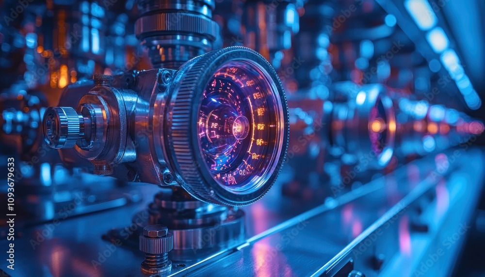 Aufkleber close-up of a complex industrial machine with illuminated gauge