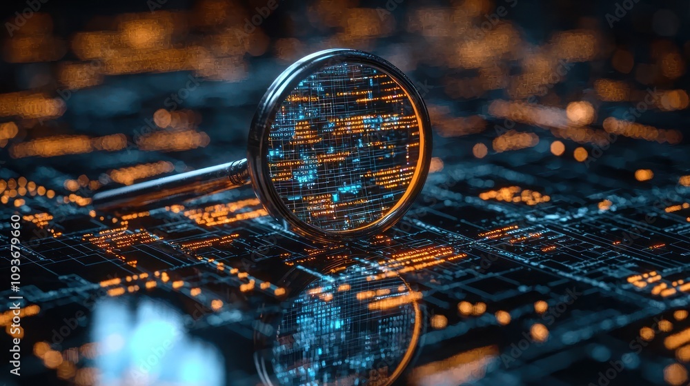 Poster a magnifying glass reveals digital code on a circuit board