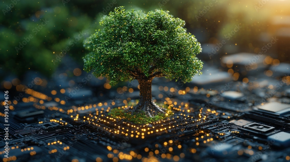 Poster a green tree growing from a circuit board with glowing lights