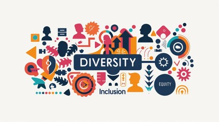 Fototapeta premium An impactful digital design featuring the words DIVERSITY EQUITY Inclusion arranged in a bold and dynamic layout, The words are surrounded by a diverse array of symbols and icons