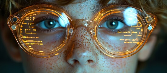 Close-up of a person wearing futuristic glasses with glowing digital patterns