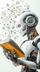 An animated robot holding an open book with STEM symbols floating around, showcasing a colorful and educational theme