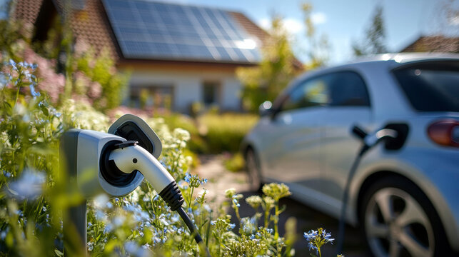 photo d'une voiture électrique en charge, en arrière-plan une maison équipée de panneaux solaires sur le toit