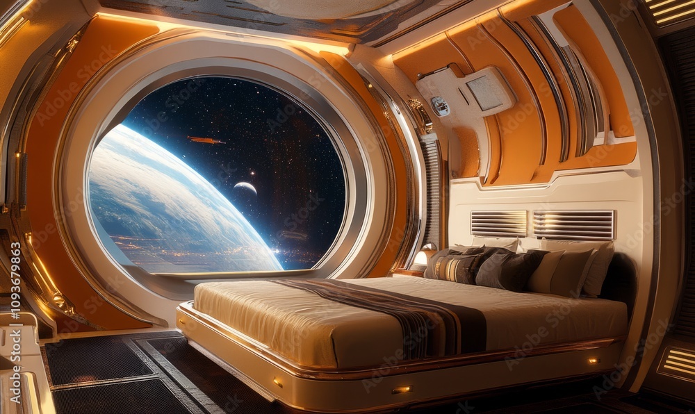 Poster a luxurious, futuristic bedroom aboard a spaceship, with a view of a distant planet through a large 