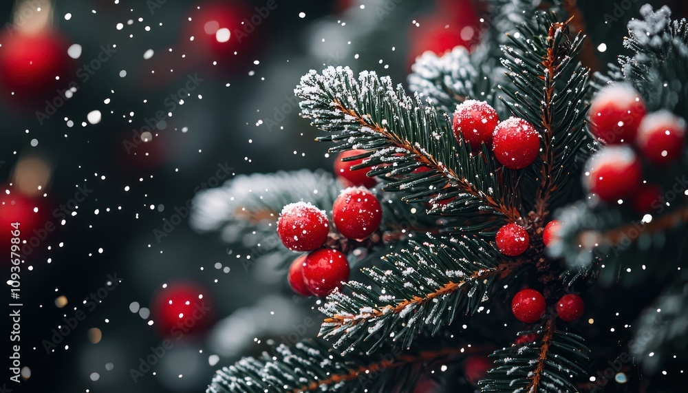 Poster close-up of a snowy evergreen branch with red berries