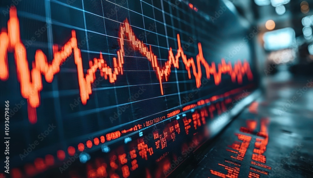 Poster Red Fluctuating Line Graph on a Dark Digital Screen