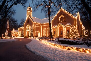 Beautiful Church Decorated with Christmas Lights - Festive Holiday Atmosphere Illuminating a Historic Place of Worship