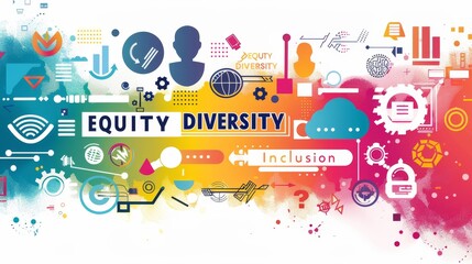 Naklejka premium An impactful digital design featuring the words DIVERSITY EQUITY Inclusion arranged in a bold and dynamic layout, The words are surrounded by a diverse array of symbols and icons